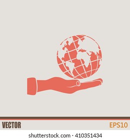 Globe icon with hand, vector illustration.