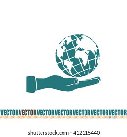 Globe icon with hand, vector illustration.