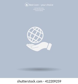 Globe icon with hand, vector illustration. Flat design style