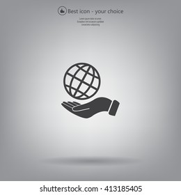 Globe icon with hand, vector illustration. Flat design style