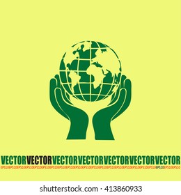 Globe icon with hand, vector illustration.