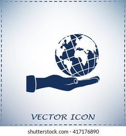 Globe icon with hand, vector illustration.