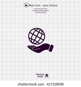 Globe icon with hand, vector illustration. Flat design style