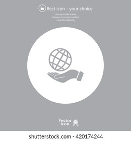Globe icon with hand, vector illustration. Flat design style