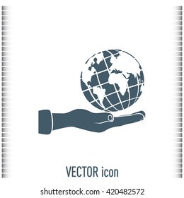 Globe icon with hand, vector illustration.