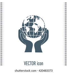 Globe icon with hand, vector illustration.