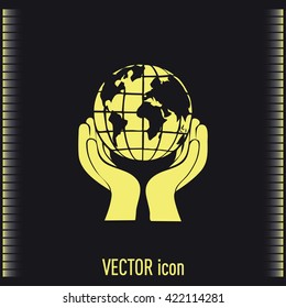 Globe icon with hand, vector illustration.