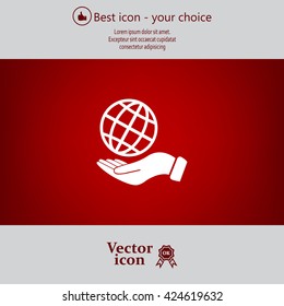 Globe icon with hand, vector illustration. Flat design style