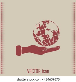 Globe icon with hand, vector illustration.