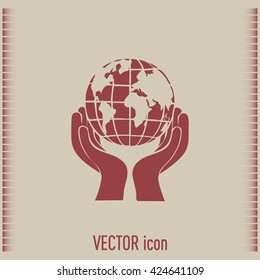 Globe icon with hand, vector illustration.