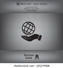 Globe icon with hand, vector illustration. Flat design style