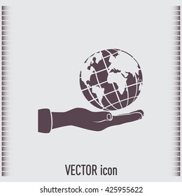 Globe icon with hand, vector illustration.