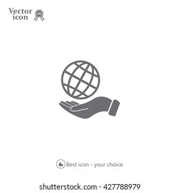 Globe icon with hand, vector illustration. Flat design style