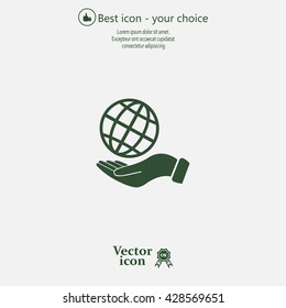 Globe icon with hand, vector illustration. Flat design style