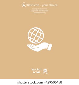 Globe icon with hand, vector illustration. Flat design style