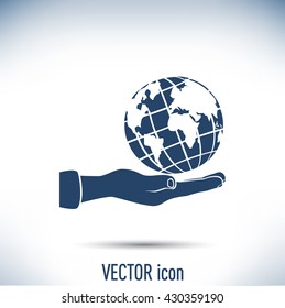 Globe icon with hand, vector illustration.
