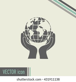 Globe icon with hand, vector illustration.