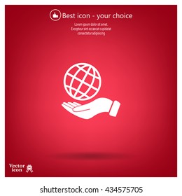 Globe icon with hand, vector illustration. Flat design style