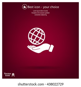 Globe icon with hand, vector illustration. Flat design style