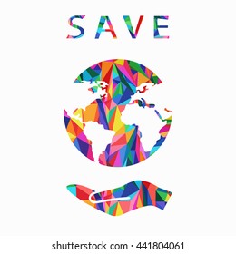 Globe icon with hand, vector illustration. Save the planet. Modern flat design vector illustration.Low poly art.The original font is made of of different colors triangles.
