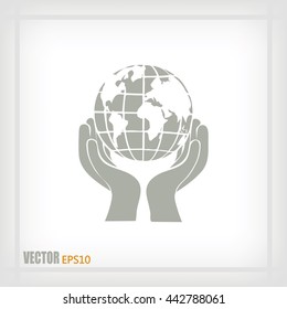 Globe icon with hand, vector illustration.