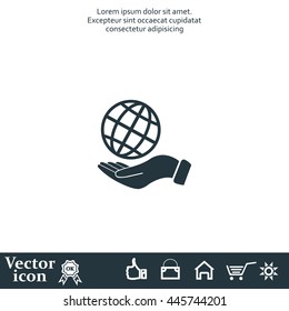 Globe icon with hand, vector illustration. Flat design style