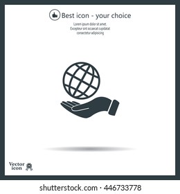 Globe icon with hand, vector illustration. Flat design style