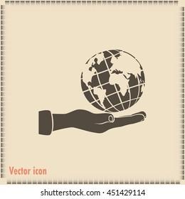 Globe icon with hand, vector illustration.