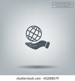 Globe icon with hand, vector illustration. Flat design style