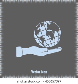 Globe icon with hand, vector illustration.