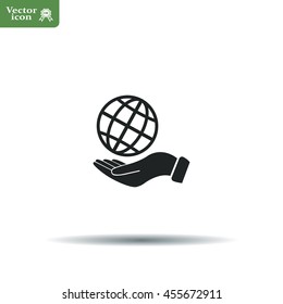 Globe icon with hand, vector illustration. Flat design style