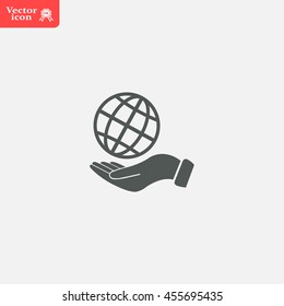 Globe icon with hand, vector illustration. Flat design style