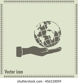 Globe icon with hand, vector illustration.
