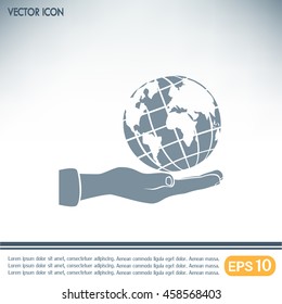 Globe icon with hand, vector illustration.