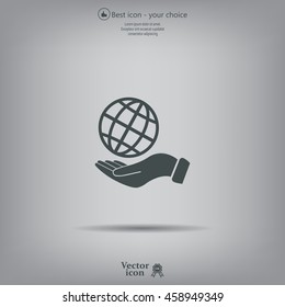 Globe icon with hand, vector illustration. Flat design style