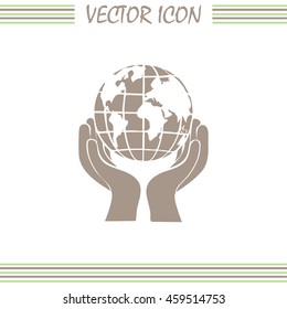 Globe icon with hand, vector illustration.