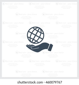 Globe icon with hand, vector illustration. Flat design style