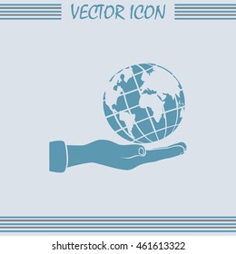 Globe icon with hand, vector illustration.