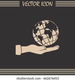 Globe icon with hand, vector illustration.