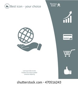 Globe icon with hand, vector illustration. Flat design style