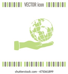 Globe icon with hand, vector illustration.