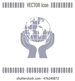 Globe icon with hand, vector illustration.