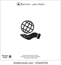 Globe icon with hand, vector illustration. Flat design style