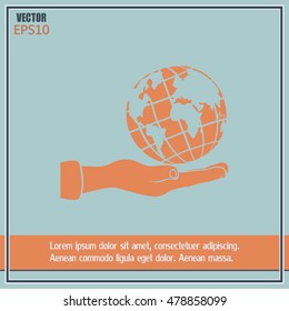 Globe icon with hand, vector illustration.