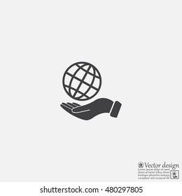 Globe icon with hand, vector illustration. Flat design style
