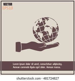 Globe icon with hand, vector illustration.