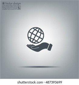 Globe icon with hand, vector illustration. Flat design style