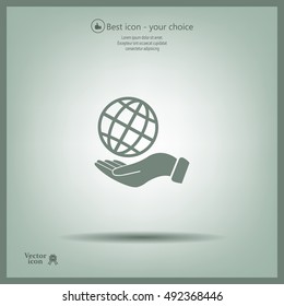 Globe icon with hand, vector illustration. Flat design style