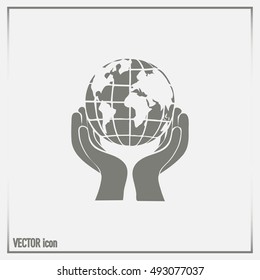 Globe icon with hand, vector illustration.