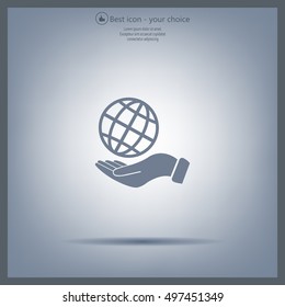 Globe icon with hand, vector illustration. Flat design style